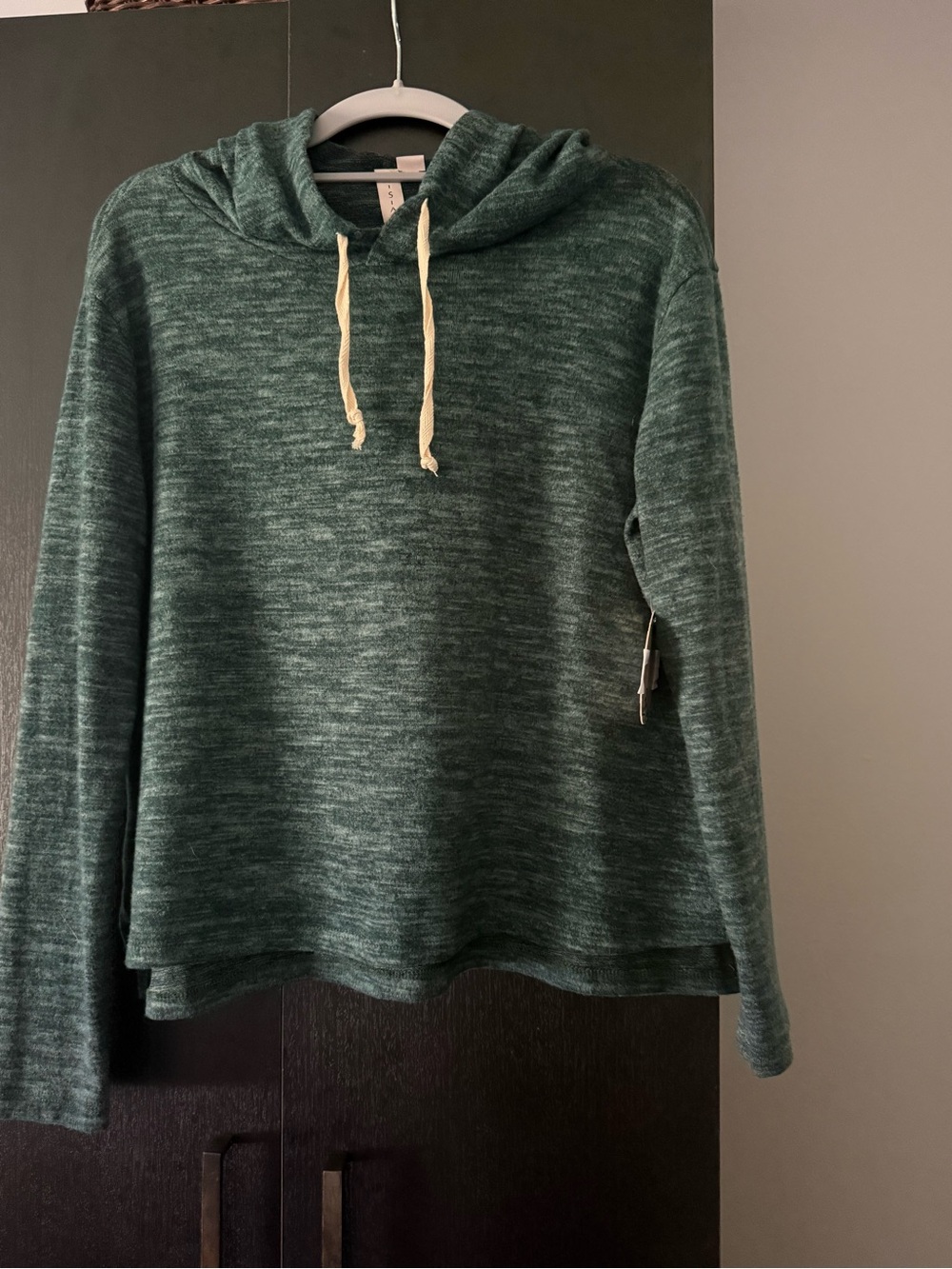 Misia Heathered Forest Green Hooded Pullover with Cream Drawcords